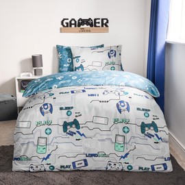 OHS Gaming Bedding Single, Reversible Single Duvet Quilt Covers for Boys Girls Kids Duvet Covers with Pillowcase Ultra Soft Comfy Quilt Covers Bed Set, Blue/Grey