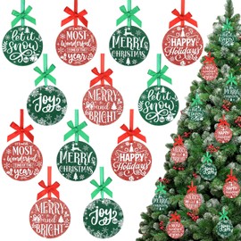 Serencatcher 12pcs Acrylic Christmas Ornaments Tree Decorations, Red and Green Round Acrylic Xmas Ornaments with Ribbon Bow for Let It Snow Merry Christmas Hanging Tree Ornaments Glitter