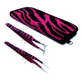 SET OF 2 Stainless Steel Pink Black Zebra 3D Eyelash Extension Tweezers Semi Angled + Pro Straight Fine Point (A2Z)