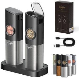Sangcon Gravity Electric Salt and Pepper Grinder Set [Upgraded Larger Capacity] USB Rechargeable With Dual Charging Base - Automatic One Hand Operation - Adjustable Coarseness & LED Light Refillable