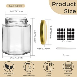 Waymind 6 oz Hexagon Glass Jars with Gold Lids, 30 Pcs Canning Jars for Jam, Honey, Jelly, Candy, Candle, Wedding Favors, Baby Shower Favors, Spice Jars Crafts with Stickers and Pen for Labeling