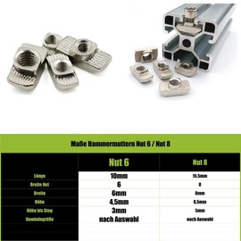50 x M4 Hammer Nuts 6 mm Groove 6 Made of Nickel-Plated Steel, 2020 Profile Slot Nut 3D Printer CNC