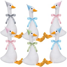 Blueweenly 6 Set One Silly Goose Birthday Decor 1st Baby Shower Party Favor 11.8 Inch White Geese Plush Stuffed Animal with Mini Party Hats and Pink Blue Green Gray Ribbons for Kids Gift(Cute Goose)