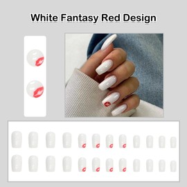 ANDGING Milky White Press on Nails Square Short Medium Glue on Nails for Women Coffin Fake Nails with Fantasy Red Designs Artificial Stick on Nails Gel Manicure Acrylic False Nails for Wedding