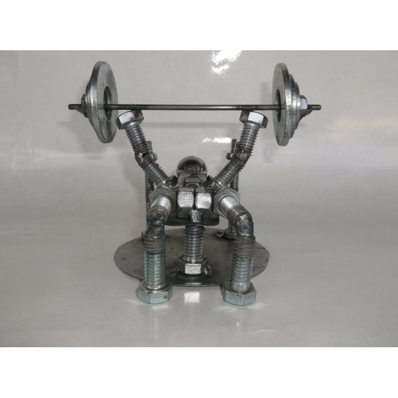 Handmade Bench Press Weight Lifter, Metal Bolt Figurine, Miniature Athlete,