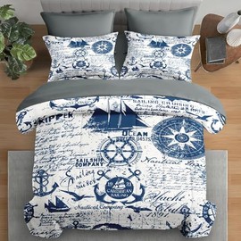 Pamnest Comforter Set Full Size, Nautical Anchor Sailor Grey 7 Pcs Bedding Set for Kids and Adults, Ocean Vintage Sea Bed Sheet Sets with Fitted Sheet 2 Pillowcases & 2 Shams for Bedroom Bed Decor
