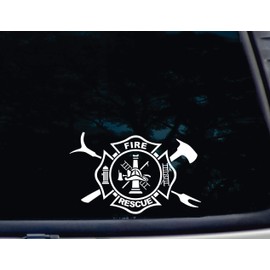 Fire and Rescue Maltese w Axe and Halligan - 8 1/4" x 5 1/8" die Cut Vinyl Decal for Windows, Cars, Trucks, Tool Boxes, laptops - virtually Any Hard, Smooth Surface. NOT Printed! Made in The USA