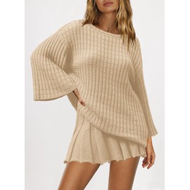 SENSERISE Womens Sweater Skirt Set 2 Piece Outfits Long Sleeve Pullover Top Ribbed Knit Lounge Dresses(Beige,M)