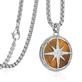 JZPZ Compass Necklace for Men-Stainless Steel Inlay Natural Tiger Eye Pendant Necklaces with 23.5'' Box Chain,Inspirational High School College Jewelry Gift for Graduate Son Grandson Boyfriend Nephew