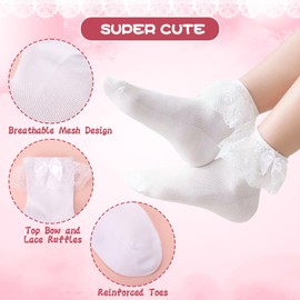 Sahunfri 6 Pairs Frilly Lace Ankle Socks,Girls White School Socks with Delicate Lace Trim and Cute Bows,Perfect for Dressing up School Parties Everyday (UK, Age, 11 Years, 14 Years, Regular, White)