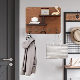 RAUMPA Decorative Fuse Box Cover, Wooden with Shelf & Hooks - Modern Art Decorative Hidden Circuit Breaker Panel, Electric Meter & Wall Safe for Farmhouse Kitchen (Walnut, 11.8x15.7in / 30x40cm HxL)