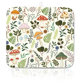 BEUNITONE Dish Drying Mat for Kitchen Counter, 40cm x 45cm,Mushroom and Leaf Pattern, Absorbent Microfiber Drying Pad for Dishes, Quick-Dry Kitchen Mat with Non-Slip Base, Countertop Protector