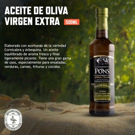 ACEITE DE OLIVA VIRGEN EXTRA TRADICIONAL PONS - Ideal para aliñar y cocinar - Mejora el sabor con beneficios para la salud - Importado de España - 100% Natural - Vegano - Sin gluten - 500 ml