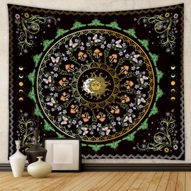 LANG XUAN Boho Sun Moon Phase Tapestry for Bedroom Aesthetic Green Butterfly Plant Floral Tapestries Wall Hanging Decor Mushroom Large Wall Tapestry for Living Room Dorm (Green, 36'' x 48'')
