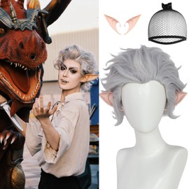 JoneTing Astarion Wig+Wig Cap+1 Pair of Elf Ears Short Silver Curly Wig for Men Anime Cosplay