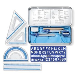 STAEDTLER 10-Piece Math Set with Metal Compass, 6" Ruler & Triangle Squares, 45° & 30/60° Set Squares, Alphabet Stencil - Measuring Tools