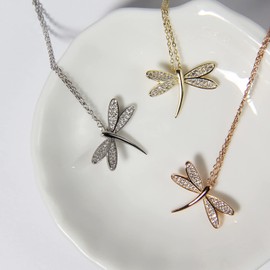 Libellen-Halskette aus Sterlingsilber, Libellen-Charm-Anhänger, Halskette, zierlicher Libellen-Schmuck, Käfer-Halskette, Cubic Zirkonia (Gold)