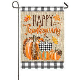 Happy Thanksgiving Garden Flag Double Sided Buffalo Plaid Check Pumpkin Maple Leaves Autumn Harvest Fall Welcome Garden Yard Decorations 12.5x18 Inch Seasonal Outdoor Flag (Happy Thanksgiving)