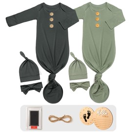 2Pk Newborn Baby Knotted Gowns, Soft Coming Home Outfit with Wooden Announcement Sign Ink Pad for Baby Hand Footprints (Army green+Dark Green, Newborn)