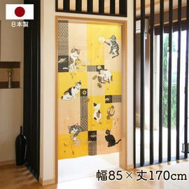 Noren Workshop 10502 Noren Cat Japanese Style Tapestry, Room Divider, Blindfold, Traditional, Auspicious Cat, 33.5 x 66.9 inches (85 x 170 cm), Painting Shichifuku Cat, Yellow