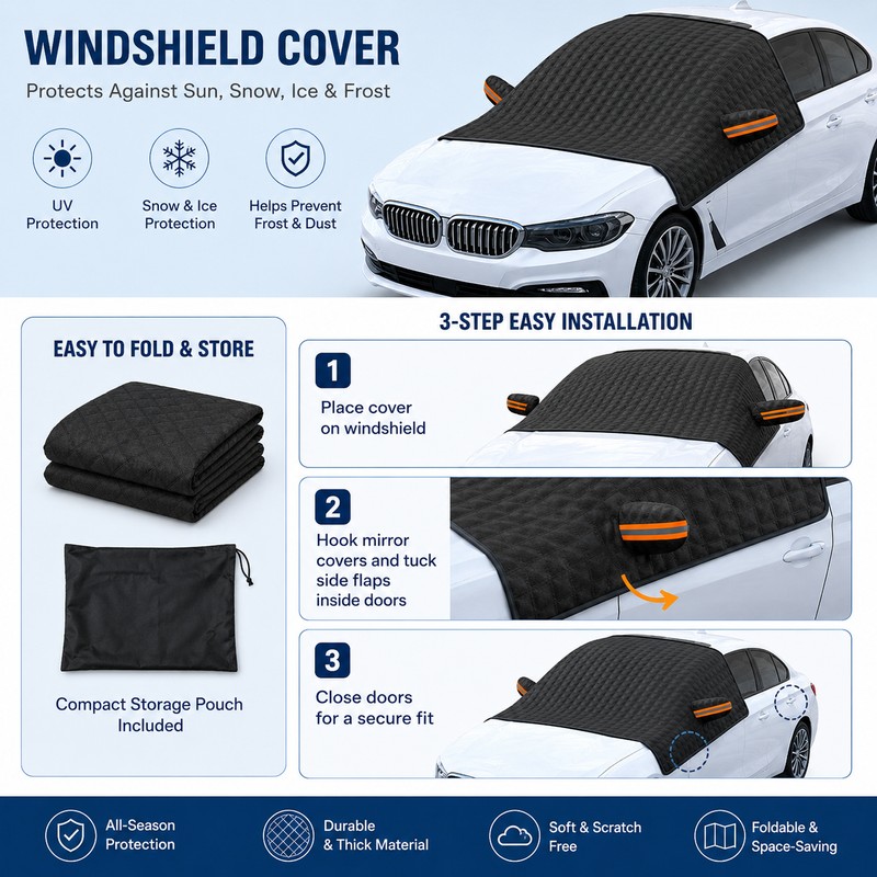Magnetic Windshield Cover for Ice & Snow – 4-Layer Oxford