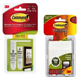 Bundle including: Command Small and Medium Picture Hanging Strips Value Pack, 4 pairs small, 8 pairs medium & Command Medium and Large Picture Hanging Strips Value Pack, 4 pairs medium, 8 pairs large