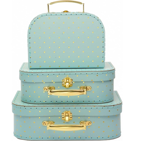 Jewelkeeper Paperboard Suitcases, Set of 3 Vintage Decorative Storage Box, Luggage Decor Storage, Vintage Decor for Birthday, Weddings, Christmas Decoration,Turquoise with Gold Polka Dots