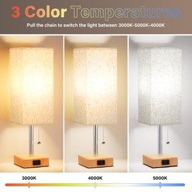 Fenmzee Table Lamp for Bedroom Set of 2 Nightstand - 3 Color Bedside Lamps with AC Outlets for Charging, Square Wooden Night Stand Light Lamp for Living Room, Office Desk