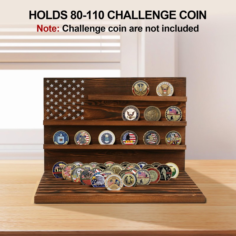 13-Row Challenge Coin Display, Solid Wood Military Coin Holder Display