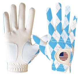 FINGER TEN Golf Gloves Blue Plaid Men Left Hand Right with Ball Marker Pack, Mens Leather Golf Glove All Weather Grip, Fit Size Small Medium ML Large XL (Blue Plaid, Large, Right)