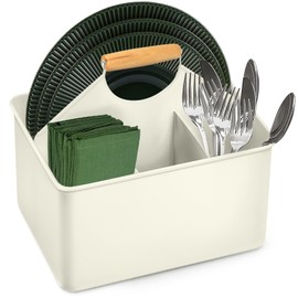 Plexon Off-white Metal Caddy, Table Utensil Caddy with Handle Galvanized Steel Utensil Holder for Party Metal Flatware Caddy Large Silverware Organizer Countertop for Kitchen Garden Patio Bathroom