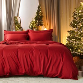 Double Stitch Duvet Cover Cotton Tencel - Luxury Duvet Cover Queen Size, Comforter Cover Eucalyptus Lyocell, Duvet Cover Bedding Set 3 pc, 1 Duvet Cover&2 Shams, Christmas Red