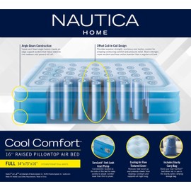 Nautica Home 16" Cool Comfort Size Full Premium Air Mattress with Pillow Top, Raised Inflatable Airbed, Comfort Coil Technology, Built-in Pump, Anti-Leak Vinyl, Storage Bag