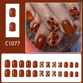 24Pcs Autumn Press on Nails Square Maple Leaf Fake Nails Short Fall Maple Leaves Nail Art Designs Full Cover Wine Red Glue on Nails Glossy Maple Leaf Acrylic Nails for Thanksgiving Day