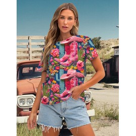 Binshre Western Shirts for Women Cowgirl Boho Vintage Rodeo Graphic Tee Cowgirl 3D Digital Printing Short Sleeve Tops B-Pink