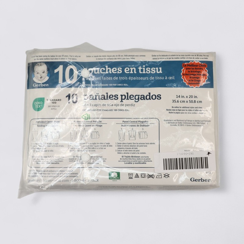 Gerber Birdseye 3-Ply Prefold Cloth Diapers 14" x 20" 10-Pieces
