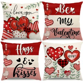 KISVODS Valentine's Day Pillow Covers 18x18 Heart Flowers Striped Valentines Day Decorations Be My Valentine Throw Pillow Covers Hugs and Kisses Wedding Cushion Case for Sofa Couch Set of 4