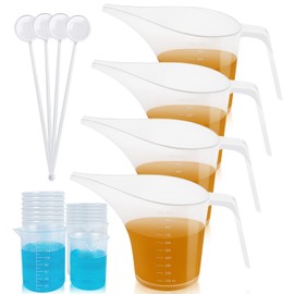 Artcome Funnel Pitcher Set - 4 Pack, 1000ml Plastic Measuring Pitchers with Funnels, 4 Stirring Rods, and 15 Small Measuring Cups for Soap Making, Resin Casting, Baking, and DIY Crafts