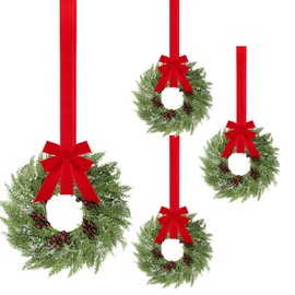 Barydat 4 Pcs Christmas Wreath Decorations Christmas Kitchen Cabinet Wreaths with Red Ribbon Mini Wreaths Farmhouse Decoration Artificial Hanging Garlands for Front Door Window Chair Wall