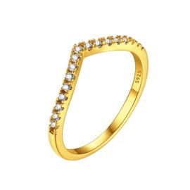 Bestyle Gold Vermeil Silver Wishbone Ring, Sterling Silver Gold Plated Lucky V Shape Band Ring for Women, CZ Wedding Band Ring Protector, Engagement Promise Ring for Women,Size 4