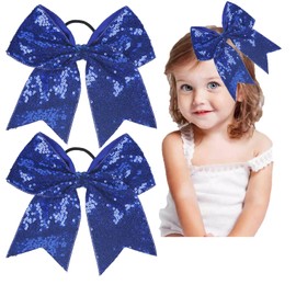 2 PCS 8" Christmas hair bows,Large Sequins Cheer Hair Bows Glitter Cheer Bows Ponytail Holder Elastic Band Handmade for Cheerleaders Teen Girls College Sports (Blue)