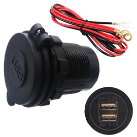 USB Charger Socket, Dujelixa Dual 5V/2.1A USB Red Aperture Waterproof 12v Socket Car Charger Power Outlet, USB Car Charger with 60cm Wire Fuse for 12V/24V Car, motorcycle, RV, boat, yacht(1Pcs)