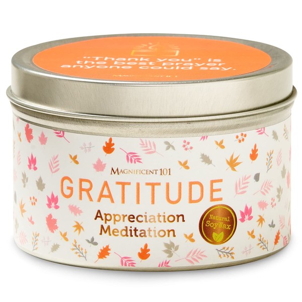MAGNIFICENT 101 Gratitude Aromatherapy Candle for an Appreciation Meditation - Sage, Rose, Jasmine, Lavender Scented Natural Soybean Wax Tin Candle for Purification and Chakra Healing