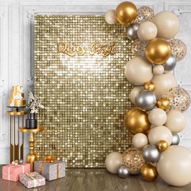 Qcity Light Gold Shimmer Wall Backdrop 24PCS, Black Back Not See-Through Design, Square Sequin Glitter Backdrop Panel, Perfect for Outdoor Events, Birthdays, Wedding and Party Decoration