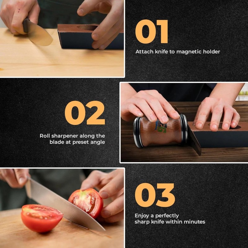 EVERGROVE Rolling Knife Sharpener Kit - Diamond-Coated Discs, Magnetic Angle