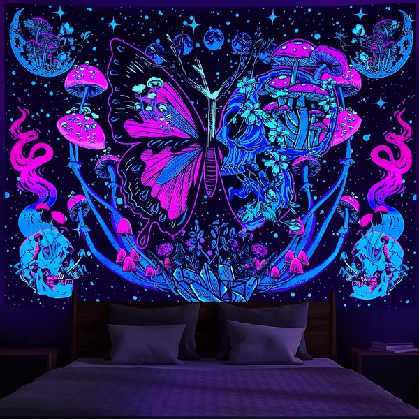 INSROAM Blacklight Butterfly Tapestry UV Reactive Tapestry For Bedroom Skull Tapestry Mushroom Tapestry Moon Floral Tapestry Plant Tapestry Wall Hanging Hippie Room Decor (51"x59")