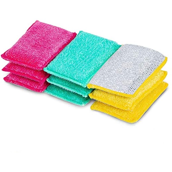 Smart Design Scrub Sponge with Bamboo Odorless Rayon Fiber - Ultra Absorbent - Soft & Metallic Scrub - Cleaning, Dishes, & Hard Stains - Kitchen (Heavy Duty) [Yellow, Green, Pink] - 9-Pack