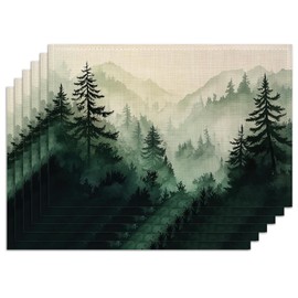 Foggy Forest Placemats, Set of 6 Watercolor Mountain Landscape Heat-Resistant Fabric Placemats,Decorative Table Mats for Dining Room Kitchen Party Holiday 12x18 Inch