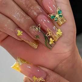 Gold Glitter French Tips Press on Nails Long Square Fake Nails with 3D Gold Butterfly Designs Green Rhinestone False Nails Glossy Handmade Stick on Nails Curve Glue on Nails for Women Manicure 24Pcs