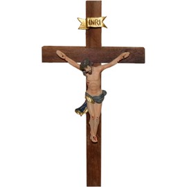 Kaltner Präsente Geschenkidee: 15 cm Wandkreuz Kruzifix aus Holz Fichte nussbaum farbig gebeizt - Handgemalte Jesus Christus Figur aus hochwertigen Kunstguss aus Resin – Dekoration